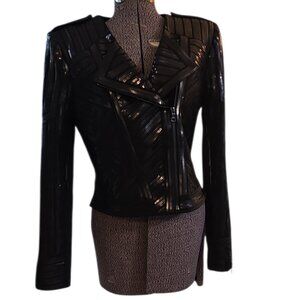 Size L BCBG MAX AZRIA Black Sequin Bikercore Moto Style Fancy Jacket